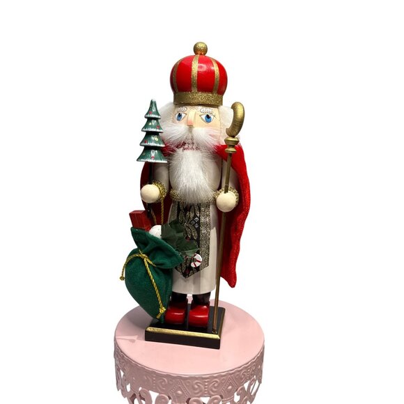 Handcrafted Wooden Nutcracker Santa Figurine With Red Velvet Cape & Christmas Tr - Picture 1 of 10